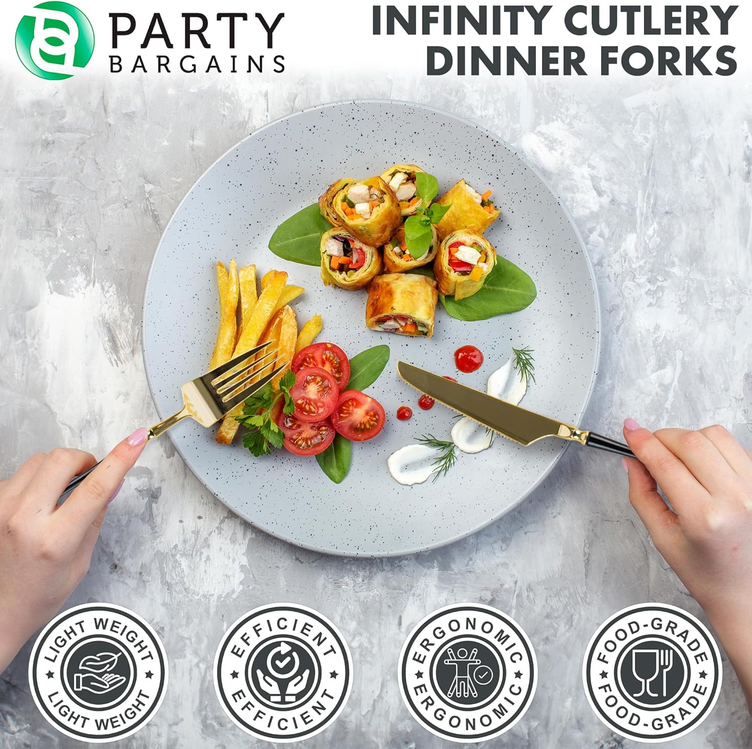 Party Bargains Tenedores desechables de plástico para cena, 20 unidades, negro y dorado, cubiertos de cocina de diseño moderno infinito, perfectos