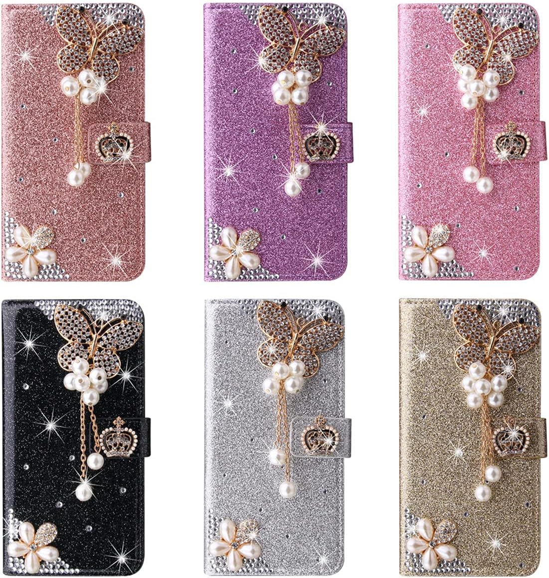 XYX Funda tipo cartera para Samsung Galaxy A32 5G, Bling Glitter Crown Butterfly Diamond Flip Card Slot Luxury Girl Women Phone Cover – Negro