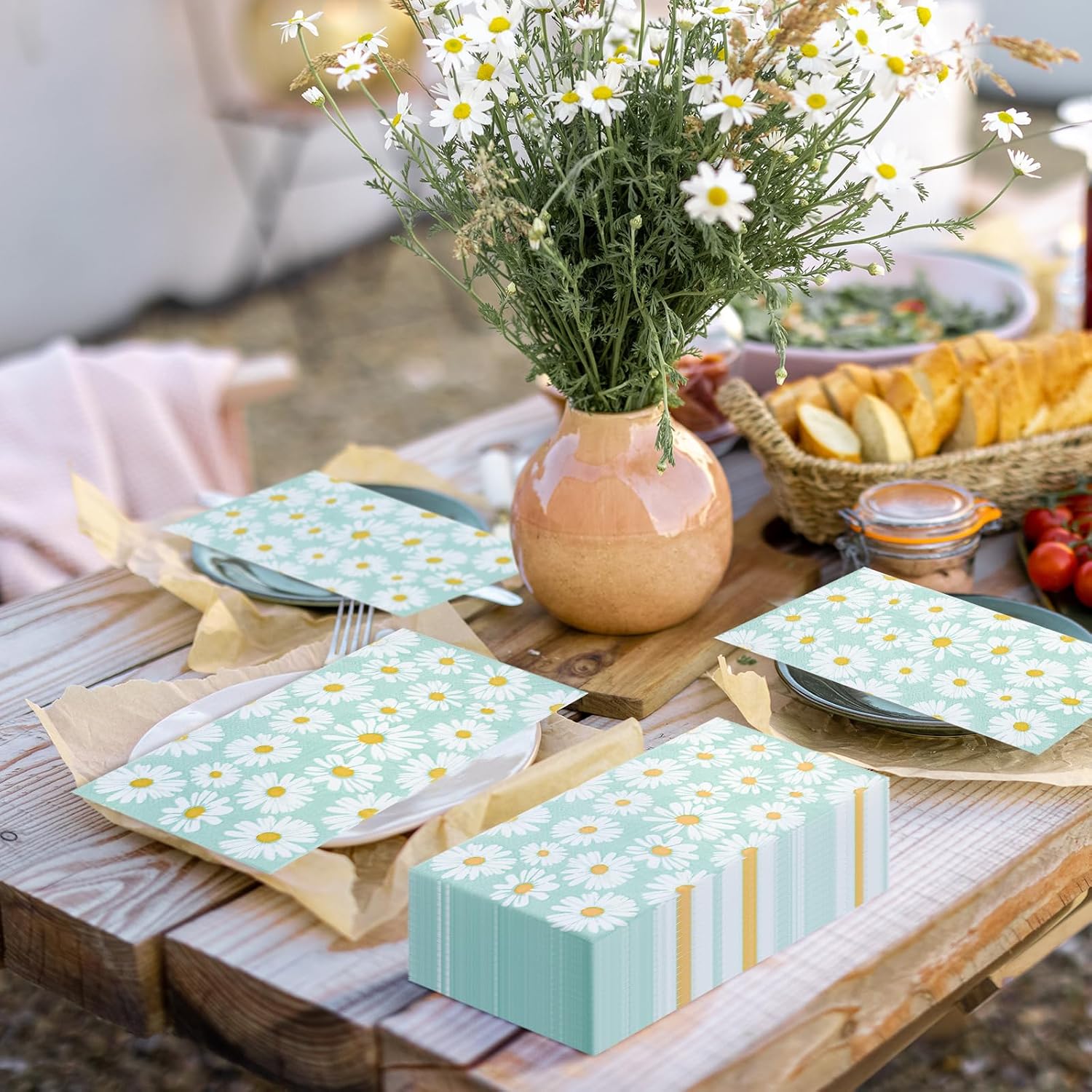 Zonon 200 servilletas de 2 capas con diseño de margaritas con temática floral, desechables, servilletas de papel decorativas para bufé, cocina,