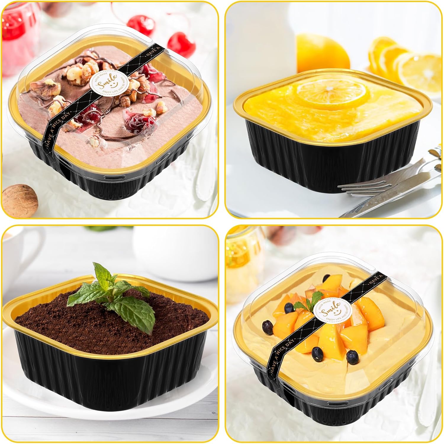 Mini moldes para pasteles con tapas y cucharas (paquete de 50, negro, 10 onzas), moldes cuadrados para magdalenas, mini sartenes de aluminio con
