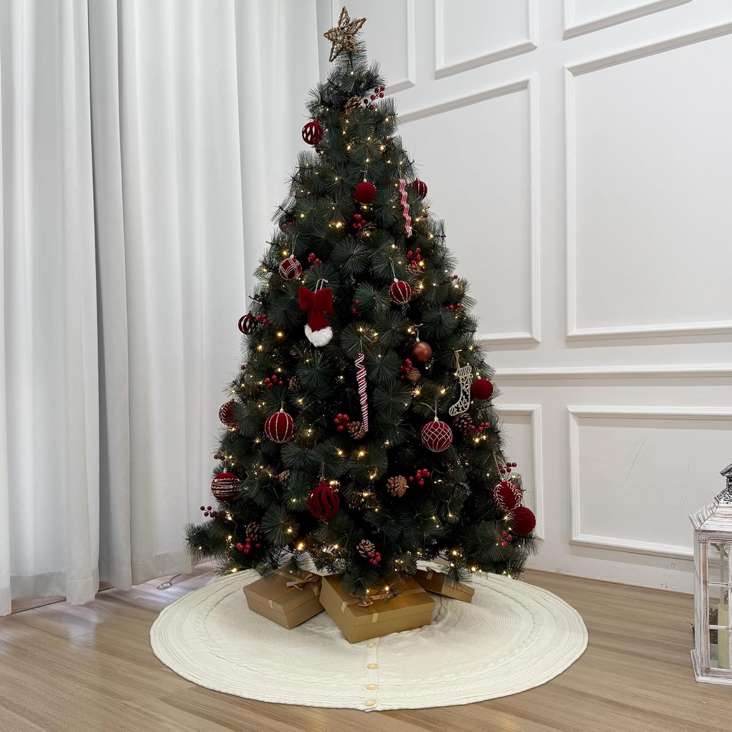 Falda de árbol de Navidad de 48 pulgadas con botones de roble, color blanco crema