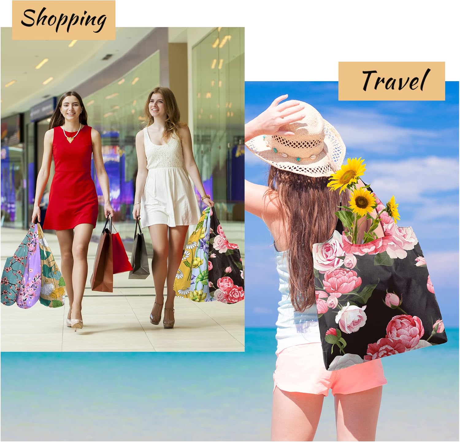 BeeGreen Bolsas de mano florales plegables reutilizables con flores, bolsas grandes para compras de comestibles, bonitas bolsas de vacaciones con