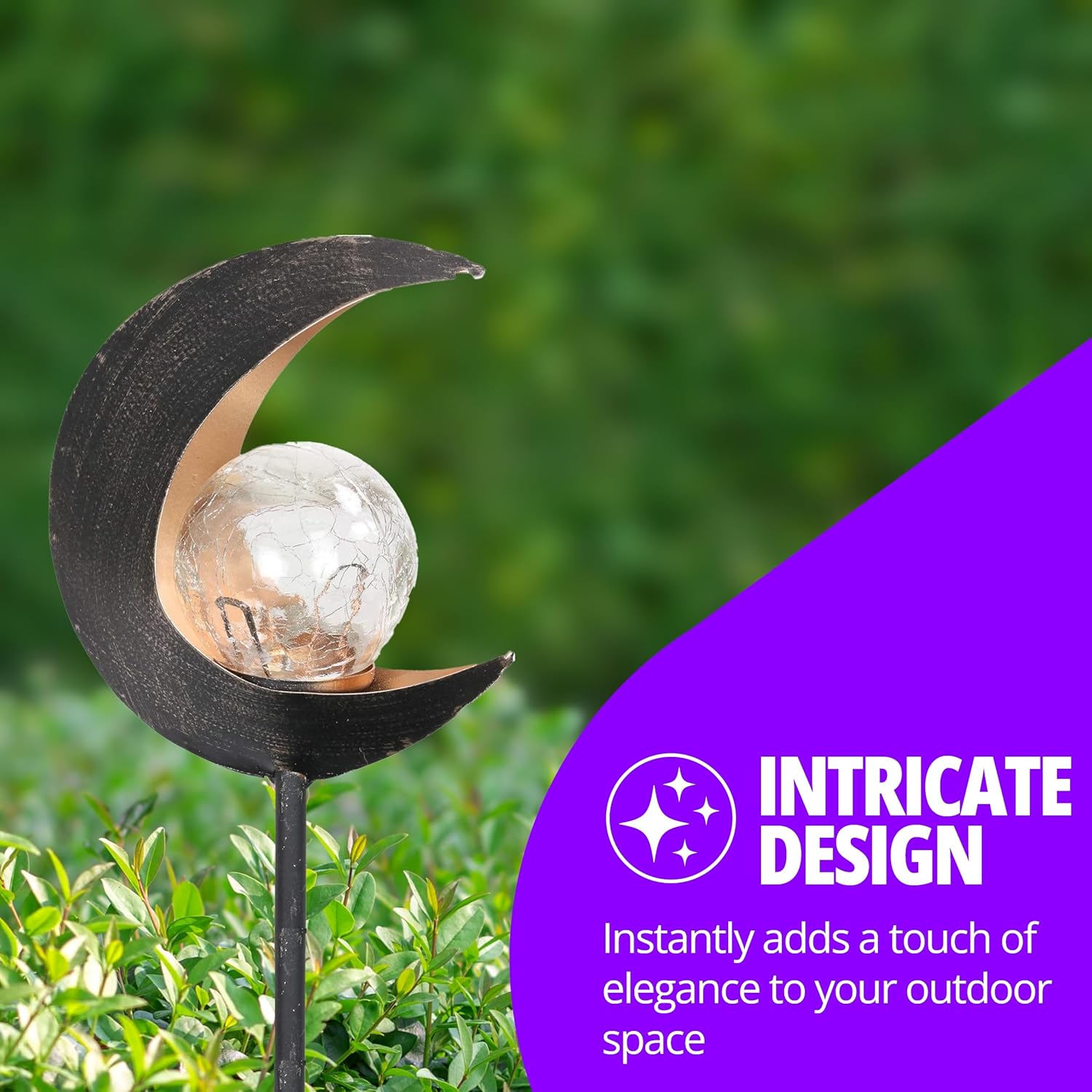Exhart Luces solares de jardín, luna creciente con llama parpadeante, bola de cristal LED, decoración de metal para exteriores, 5 x 2.5 x 37.5