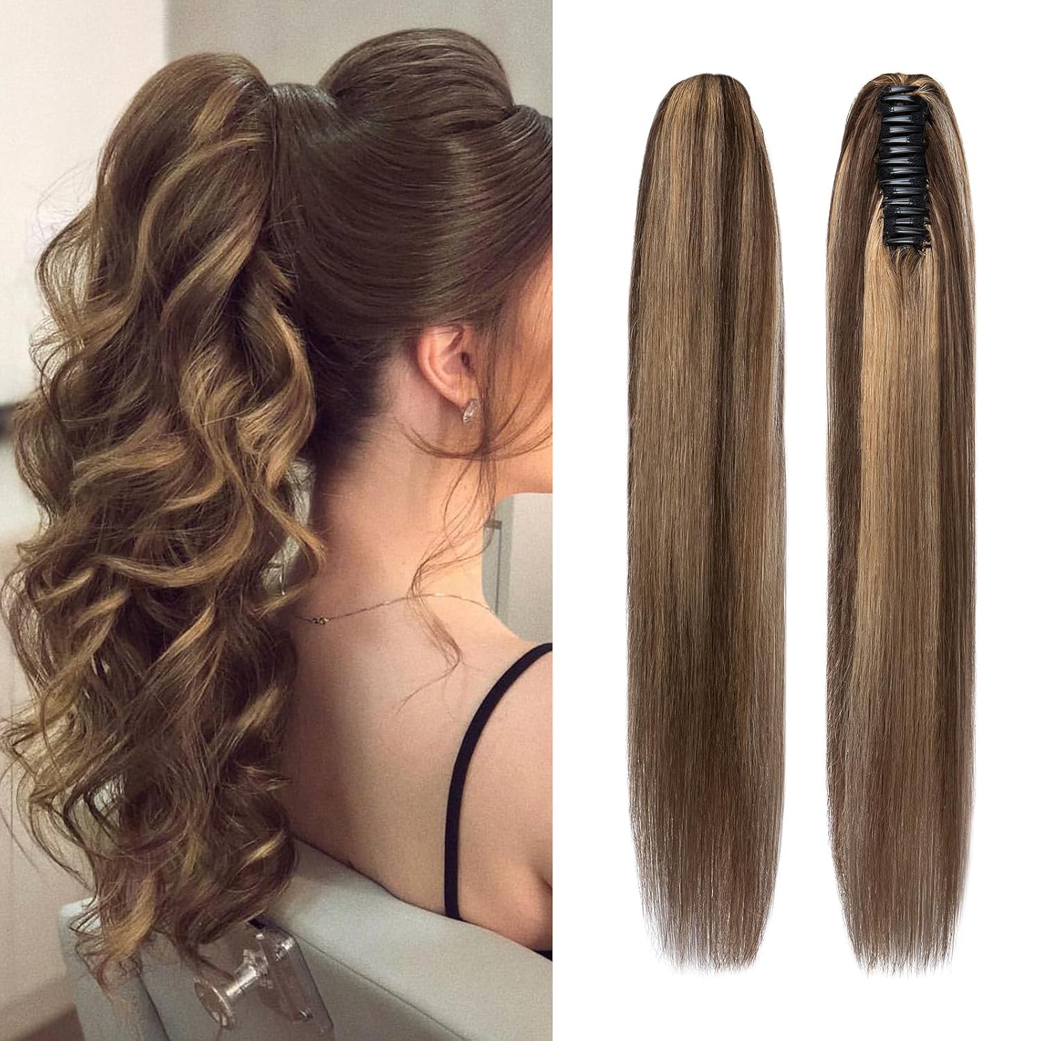Extensión de cola de caballo de pelo humano con peineta y listón para atarse para niñas y mujeres, 1 pieza de pelo lacio y largo color negro oscuro