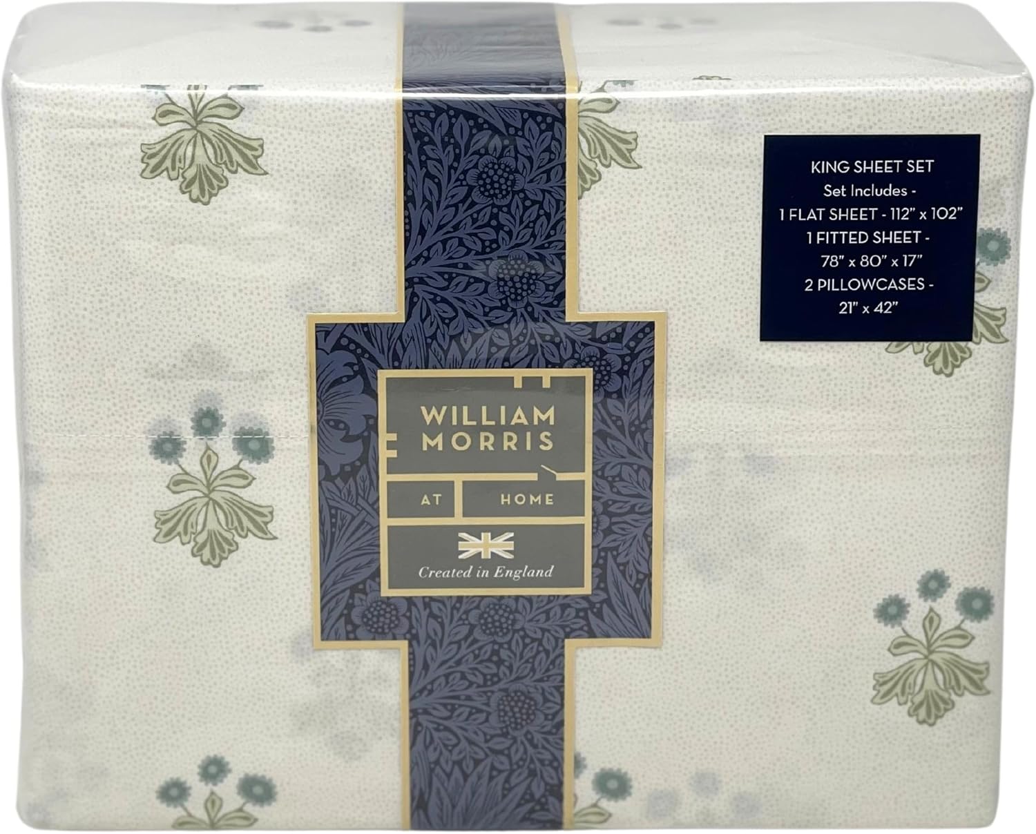 William Morris England – Juego de sábanas de 4 piezas suave 100% algodón percal, diseño floral, color crema verde salvia (tamaño King)