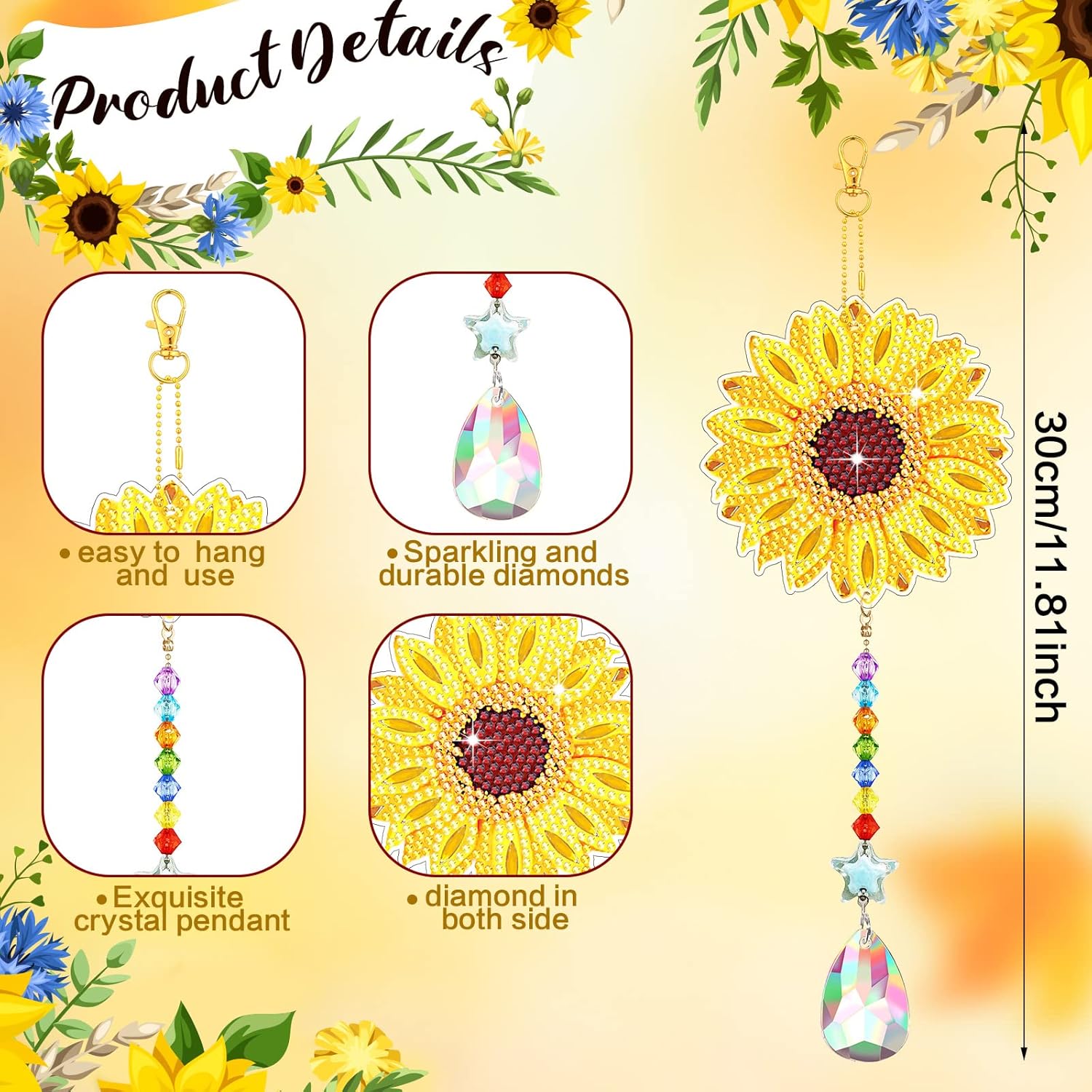 Juego de 6 carillones de viento con diamantes de imitación 5D, diseño de girasol, cristales de viento, adornos de mariposa de doble cara con