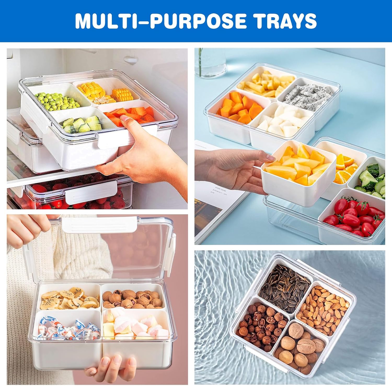 2 Pack Sealed 4 Compartment Snackle Box Container, Divided Food Serving Trays & platters with Lid for Snack, Fruit, Vegetable, Fish, Meat,