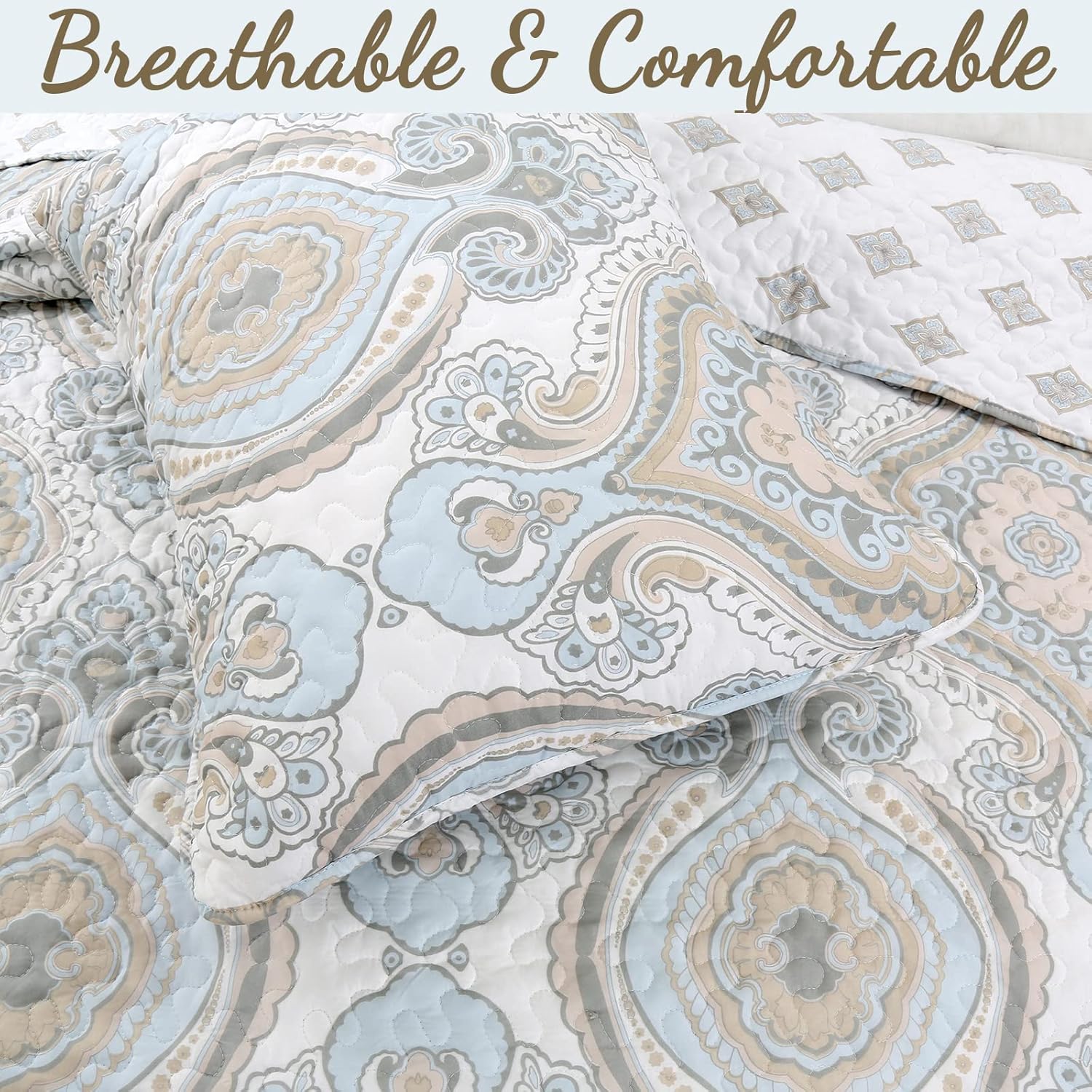 Cozy Line Home Fashions Juego de ropa de cama reversible de microfibra azul cielo, color gris tostado, colcha (medallón moderno, tamaño Queen, 3