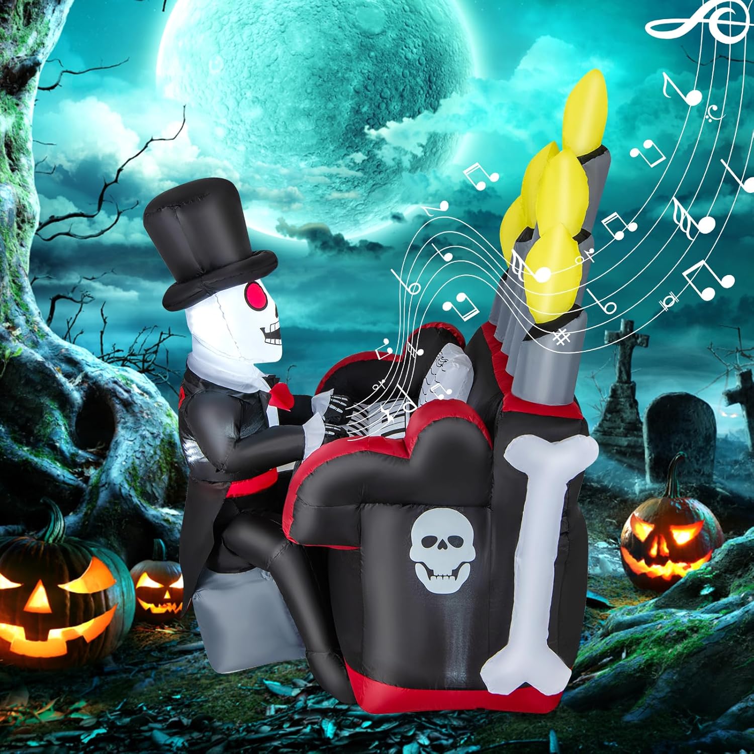 Tangkula Piano inflable de esqueleto de Halloween de 5.2 pies, decoración al aire libre con altavoz Bluetooth y 4 luces LED, decoración de patio