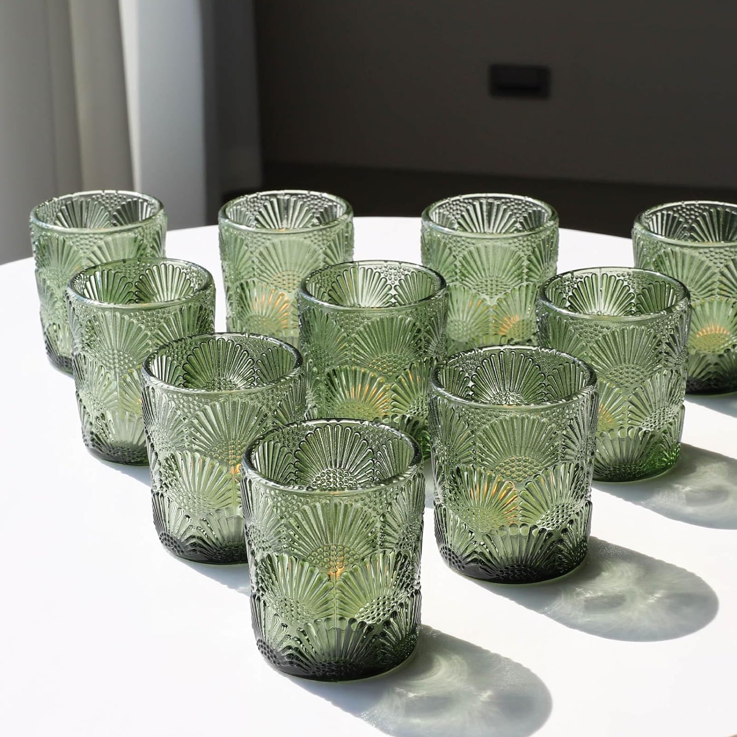 Juego de 12 portavelas votivas verdes, portavelas de cristal verde para centro de mesa de fiesta de boda, candelabro, portavelas vintage para otoño,