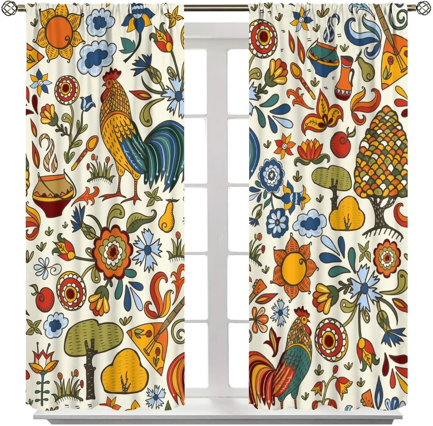 Cortinas de ventana de pollo, ventanas de cocina, sala de estar, dormitorio, cafetería, gallo de granja, pollo, girasol, estilo pastoral, flores y
