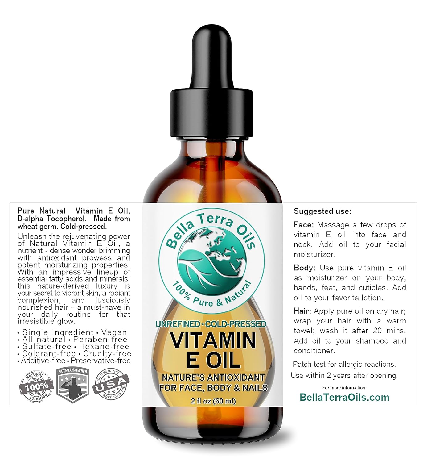 Bella Terra Oils – Aceite orgánico de vitamina E de 2 onzas – Derivado de germen de trigo orgánico, esencia de tocoferol D-alfa, infundido con