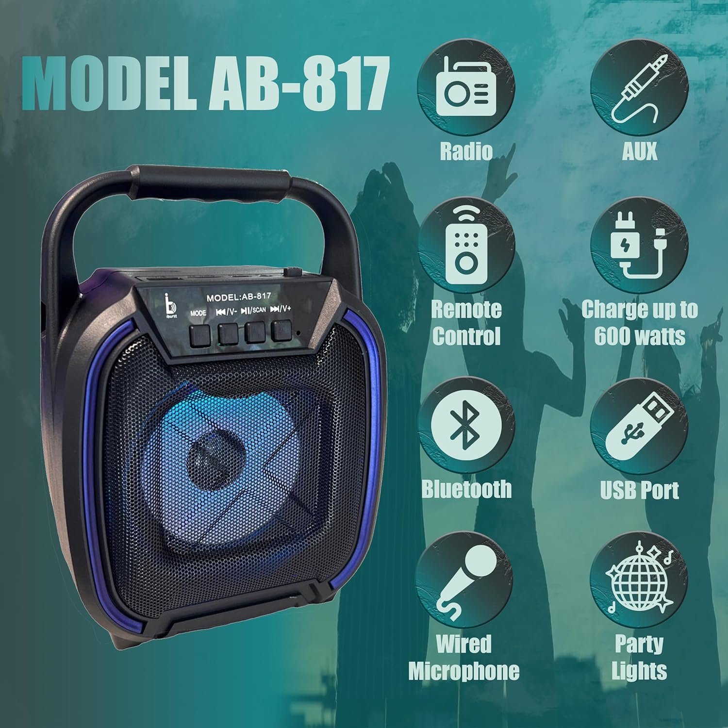 Sistema de altavoces PA Bluetooth portátil recargable para exteriores, micrófono, luces de fiesta, USB, radio, sonido estéreo fuerte (AB-817