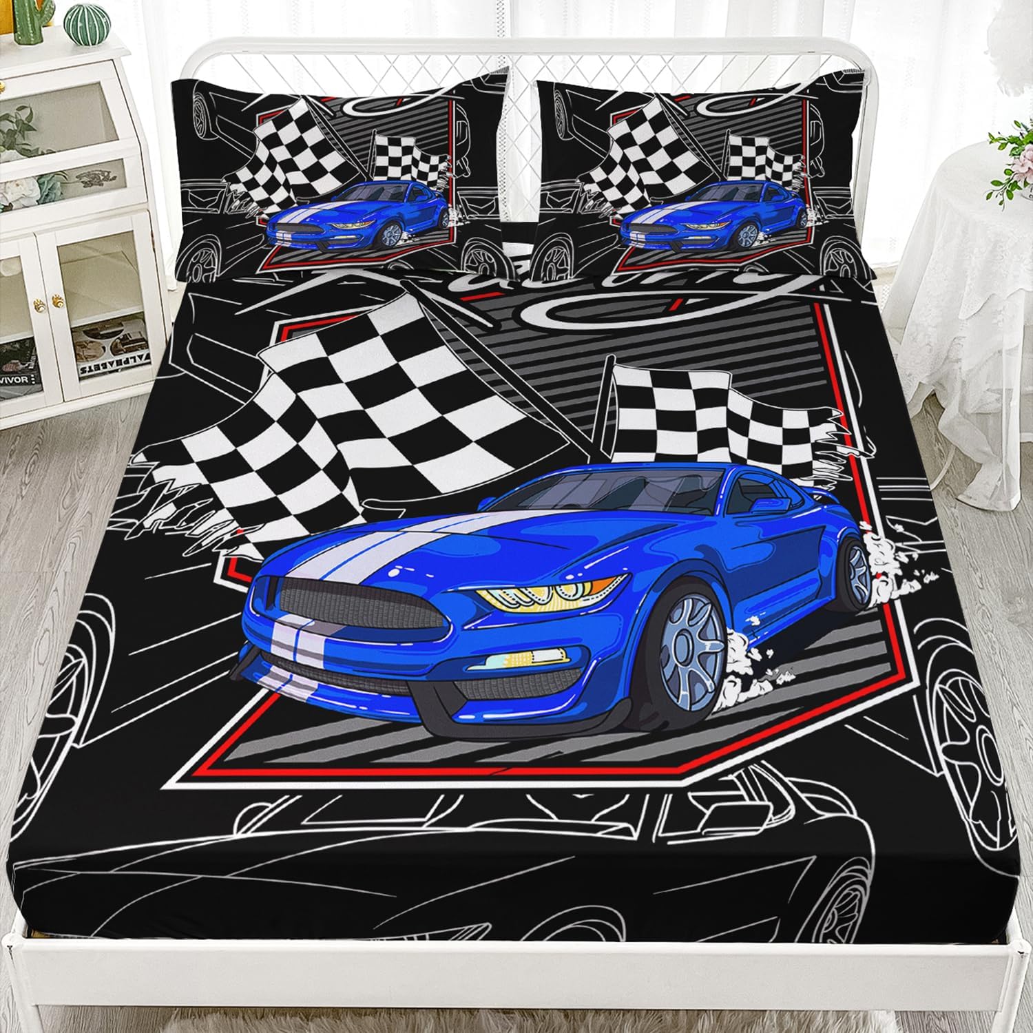 AILONEN Blue Racing Car – Juego de sábanas bajeras para niños y adolescentes, tamaño individual, 3 piezas, 1 sábana bajera ajustable y 2 fundas de