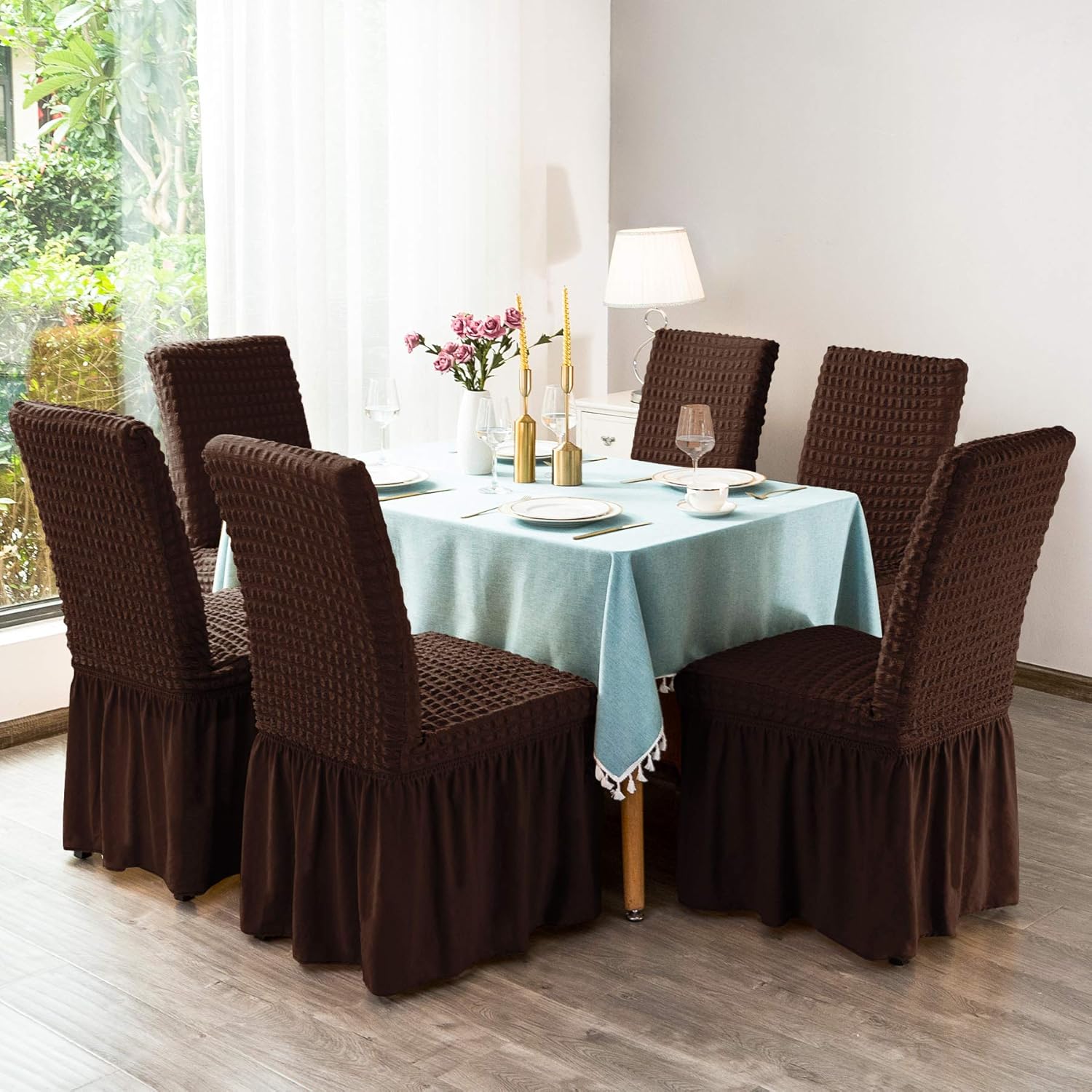 Chun yi – Funda elástica universal para silla de comedor, fácil de ajustar, con falda, extraíble, lavable, anti-suciedad, protector de muebles para
