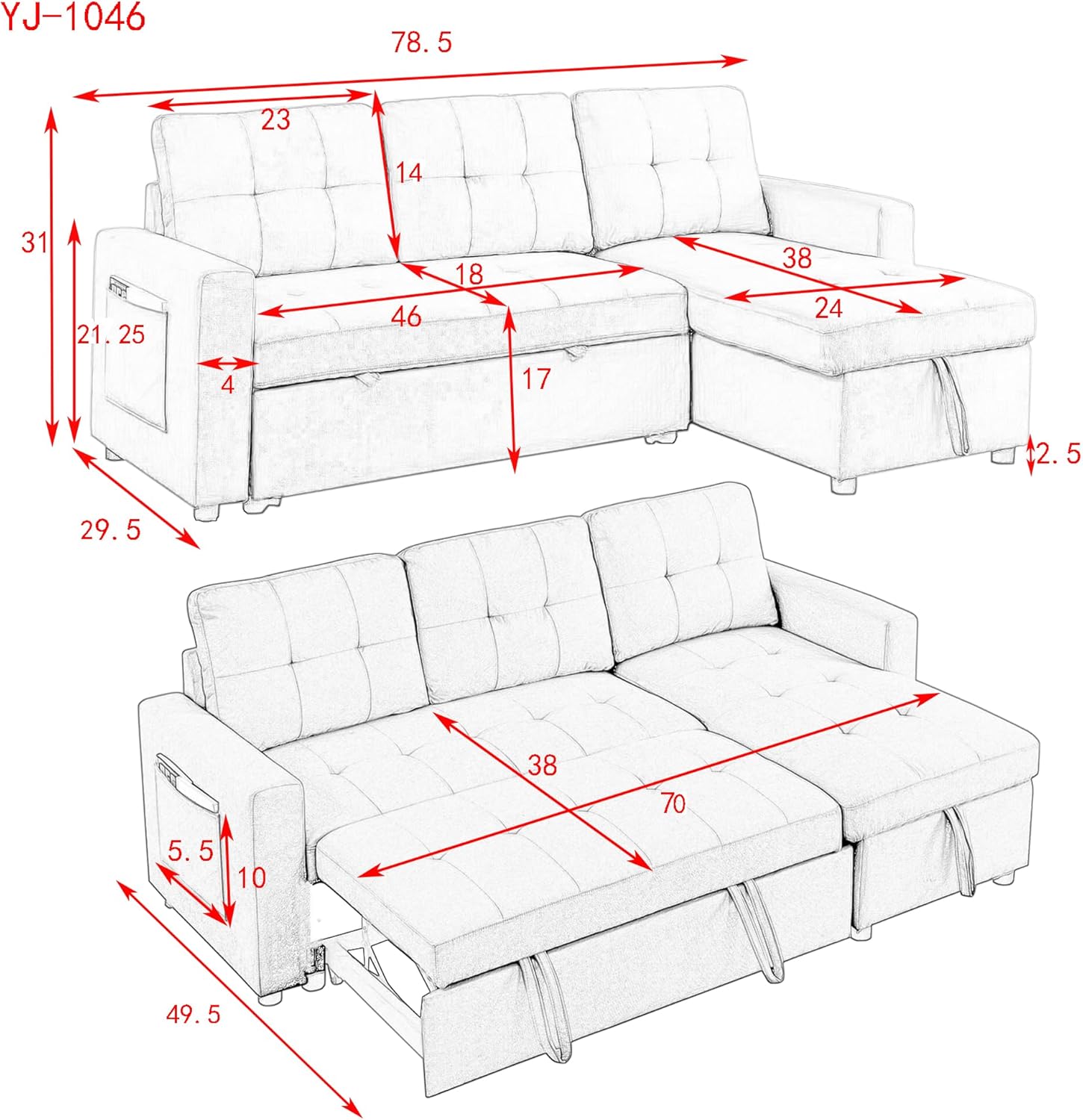 Ucloveria Sofá cama modular reversible para sala de estar en forma de L, sofá futón 2 en 1 con bolsa de almacenamiento lateral, negro, negro, 78.5