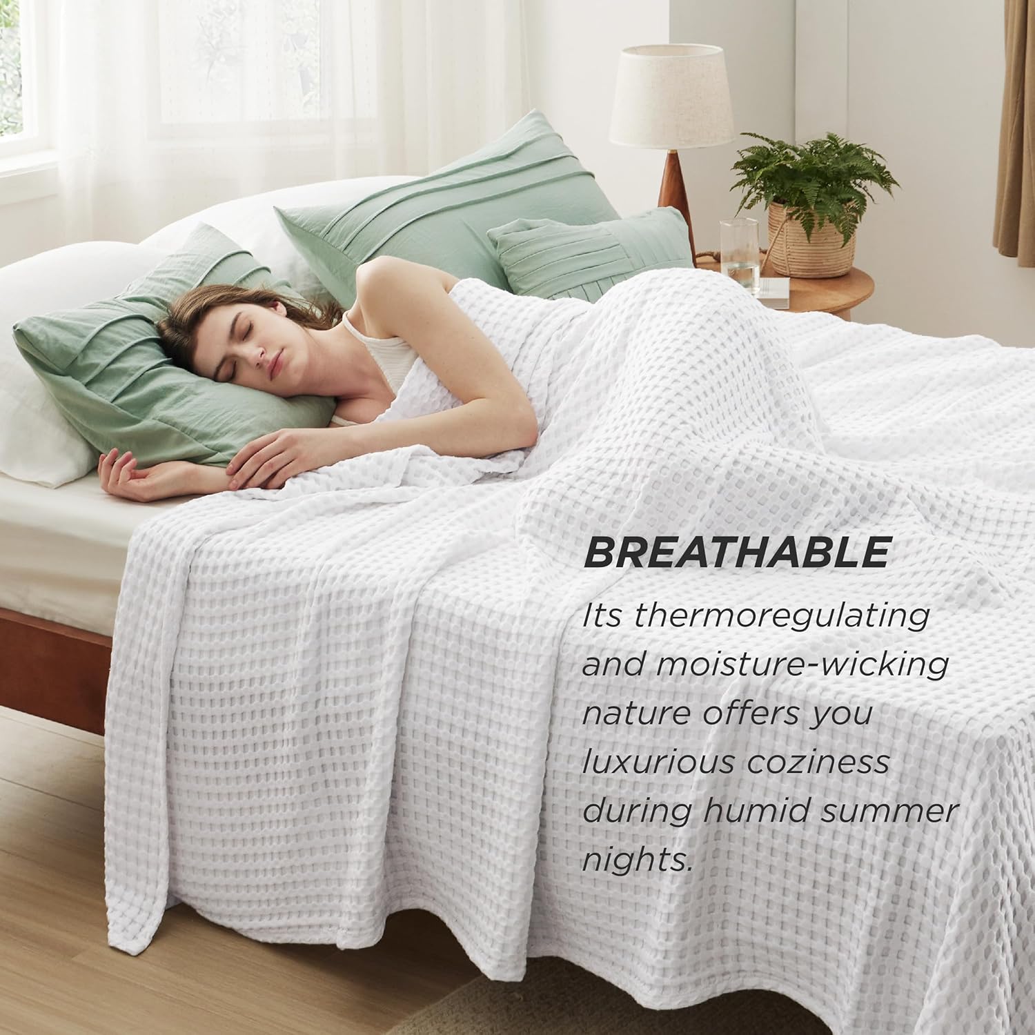 Bedsure Manta refrescante de algodón con diseño gofre, tamaño individual XL, ligera y transpirable de rayón derivado del bambú, manta de lujo para