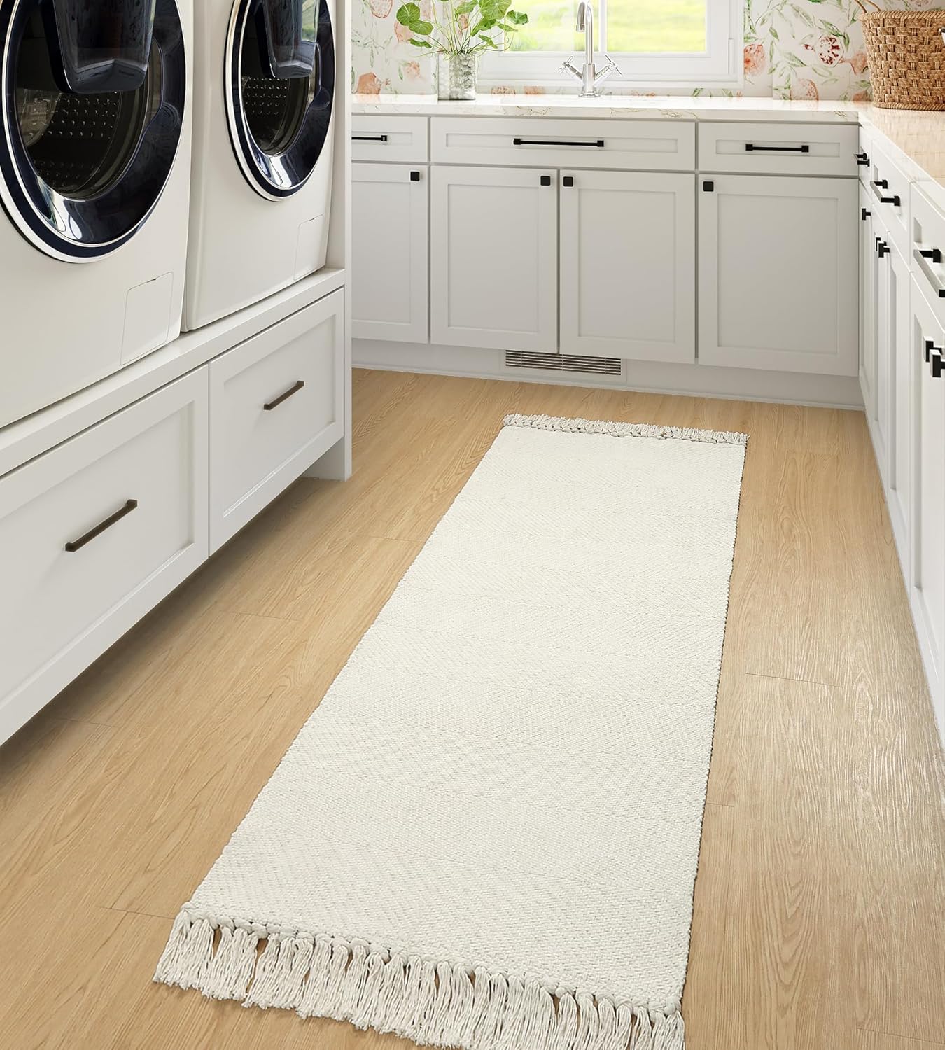 Collive Alfombra de pasillo de 2 x 5 pies, suave, lavable, alfombra de pasillo de cocina, blancobeige, contemporánea, moderna, alfombra de algodón