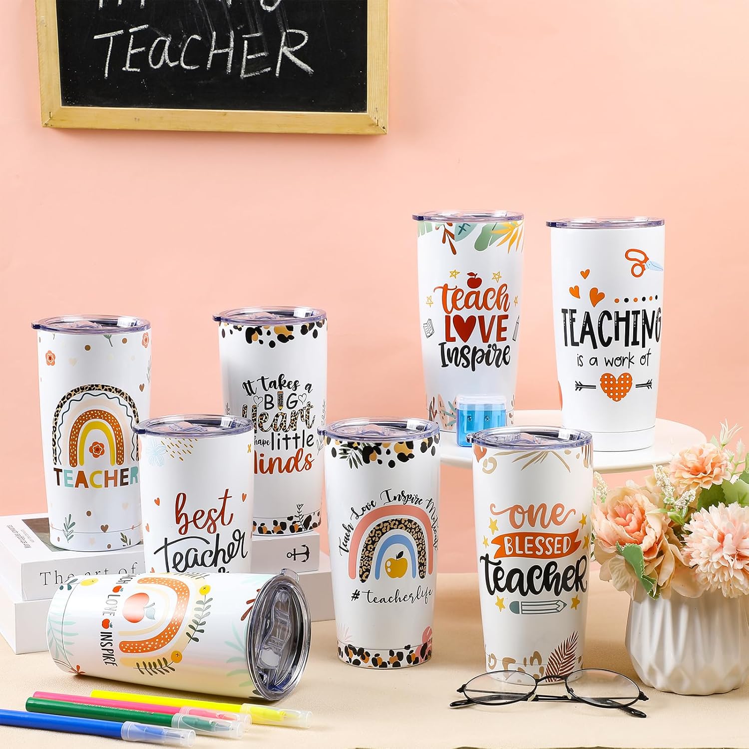 Paquete de 8 vasos de acero inoxidable de 20 onzas, regalos para profesores de estudiantes, adecuados para mujeres, tazas de agradecimiento, ideas