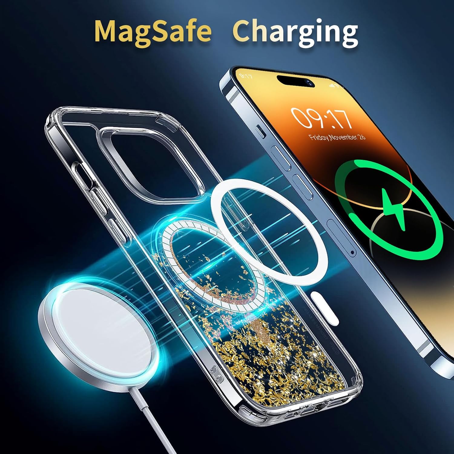 Funda con purpurina magnética con diseño de anillo magnético para iPhone 13 Pro Max compatible con MagSafe purpurina artesanal 3D funda brillante