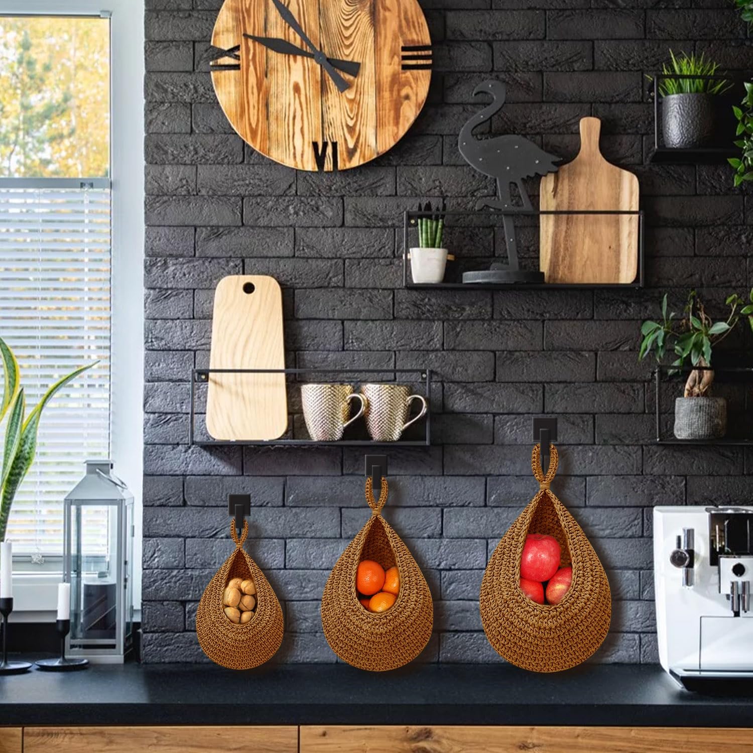 Cesta colgante de frutas para cocina, cestas colgantes bohemias para organizar, cestas colgantes de frutas y verduras de pared, cestas de cocina