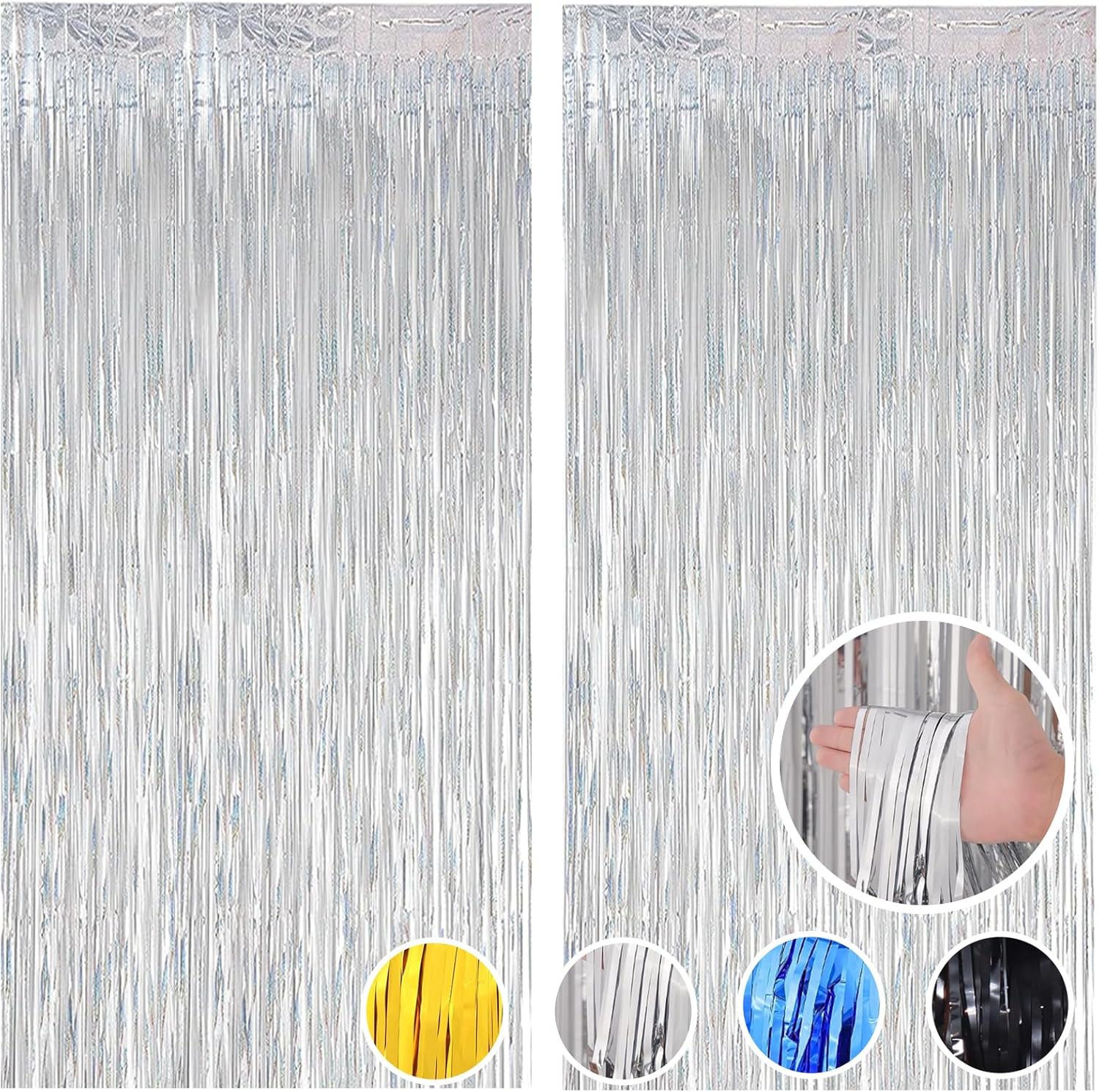 2 cortinas de papel de aluminio de 3.3 x 6.6 pies, cortinas de flecos de oropel metálico plateado plateado con flecos, para discoteca, fiesta de