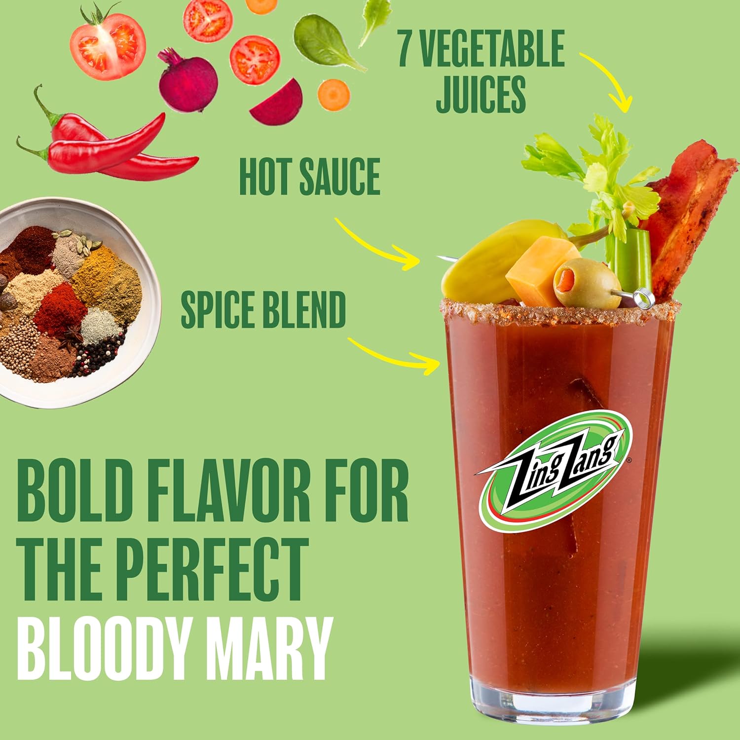 Zing Zang Bloody Mary Mix, mezclador de cóctel sin alcohol con una mezcla de jugo de siete verduras y especias de sabor audaz, latas de 7.5 onzas