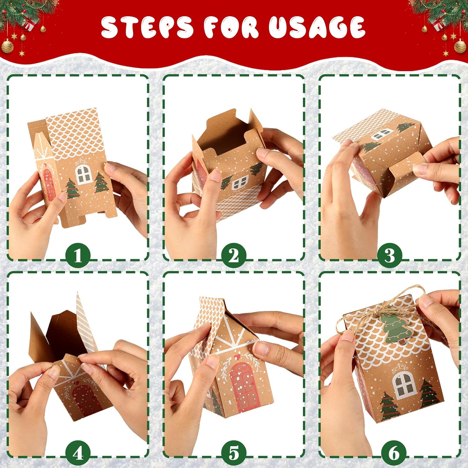 Qeeenar 200 bolsas de regalo de papel kraft de Navidad, 6 estilos, bolsas de dulces de Navidad, cajas de dulces de Navidad para galletas, regalos de