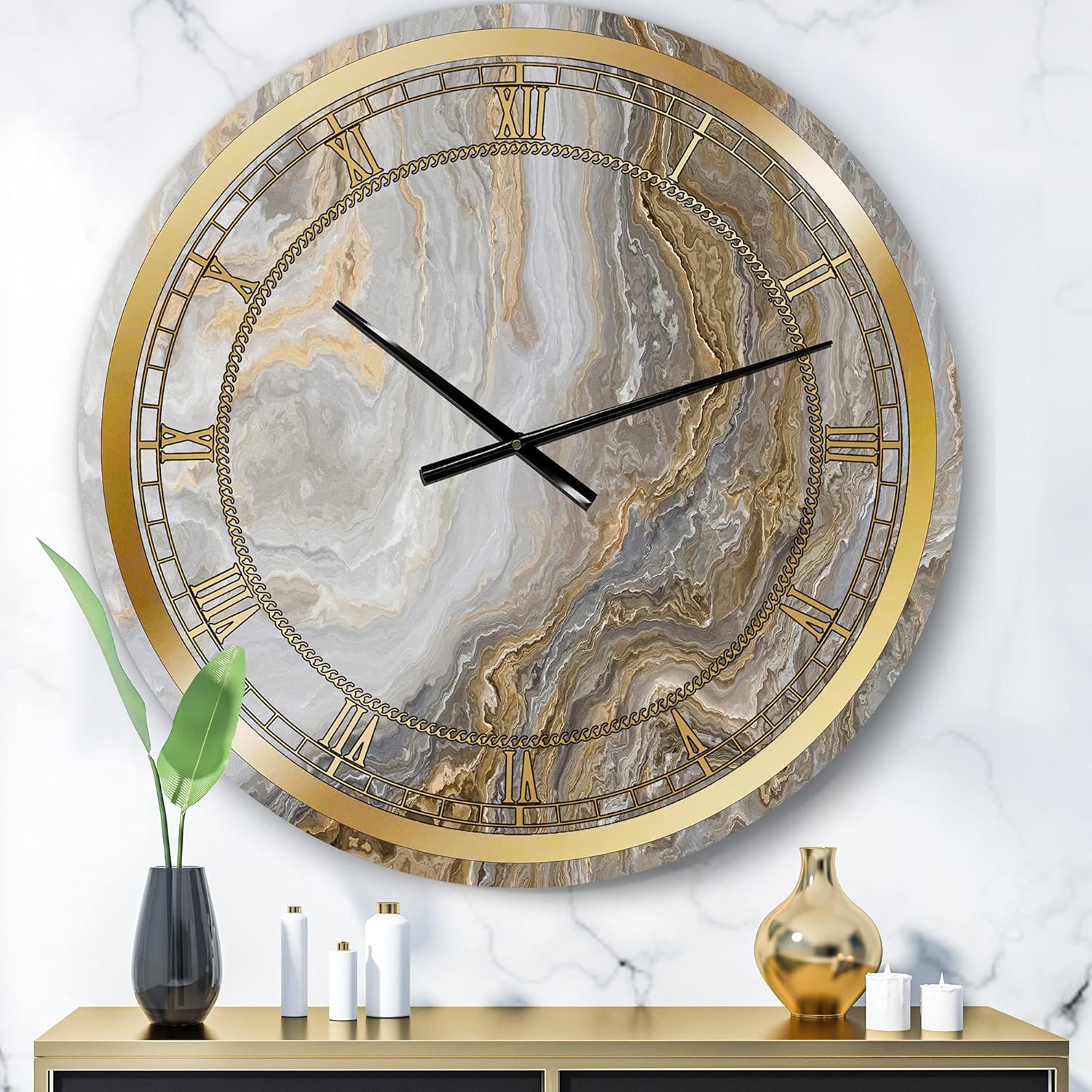 DesignQ Reloj de pared glamuroso ‘mármol blanco con vetas grises y doradas’ para decoración del hogar, dormitorio, baño, oficina, sala de estar,