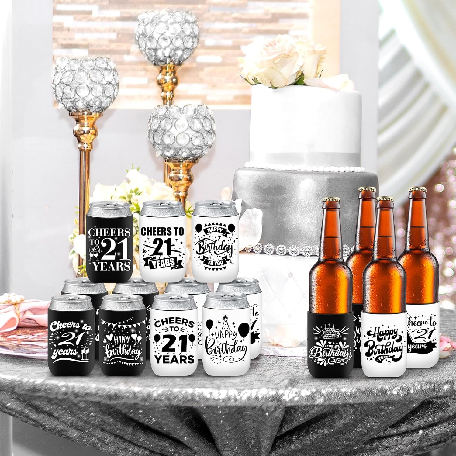12 fundas enfriadoras para latas de cumpleaños de 21 años, color blanco y negro, decoraciones de cumpleaños 21 para hombres y mujeres, recuerdos de