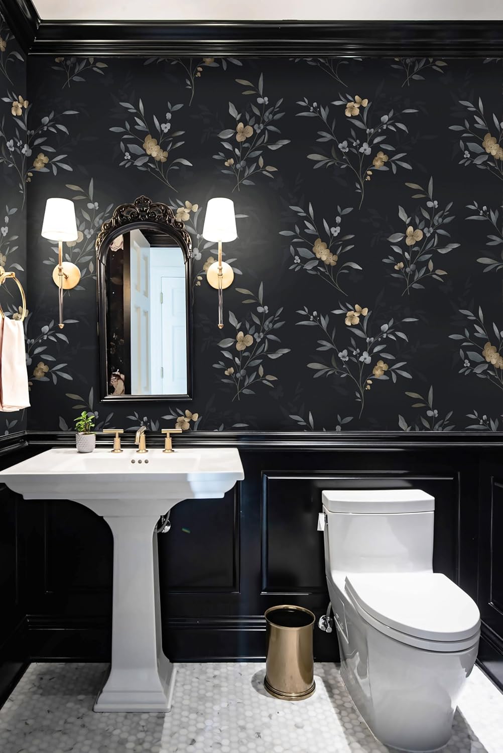 Papel tapiz floral oscuro, papel tapiz de hojas negras, papel de contacto con flores doradas, papel autoadhesivo extraíble, impermeable, papel de