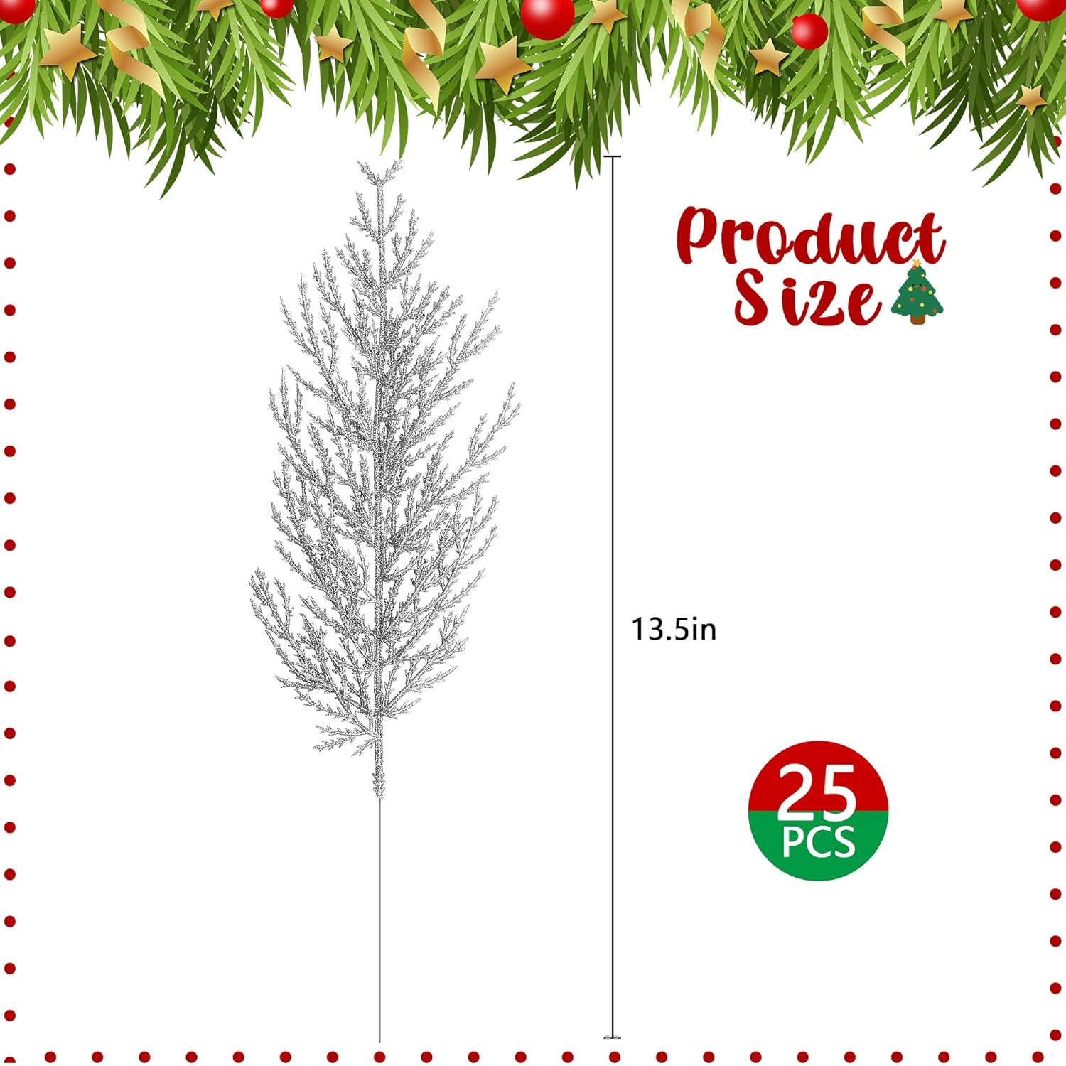 Alpurple 25 ramas de pino artificial de plata de Navidad, 13.5 pulgadas, tallos de pino de follaje falso, hojas plateadas, agujas de pino