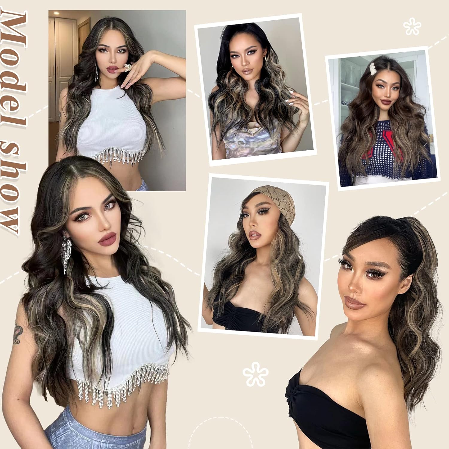 Vigorous Extensiones de cabello sintético con pinzas, 4 unidades, extensiones de cabello sintético largo ondulado con mezcla de rubio negro para