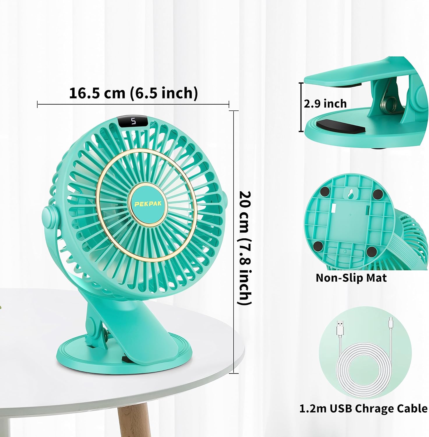 PEKPAK Ventilador de clip, ClipEscritorioColgado Mini ventilador recargable 3 en 1 6 pulgadas5200 mAh Ventilador de escritorio pequeño con ganchos