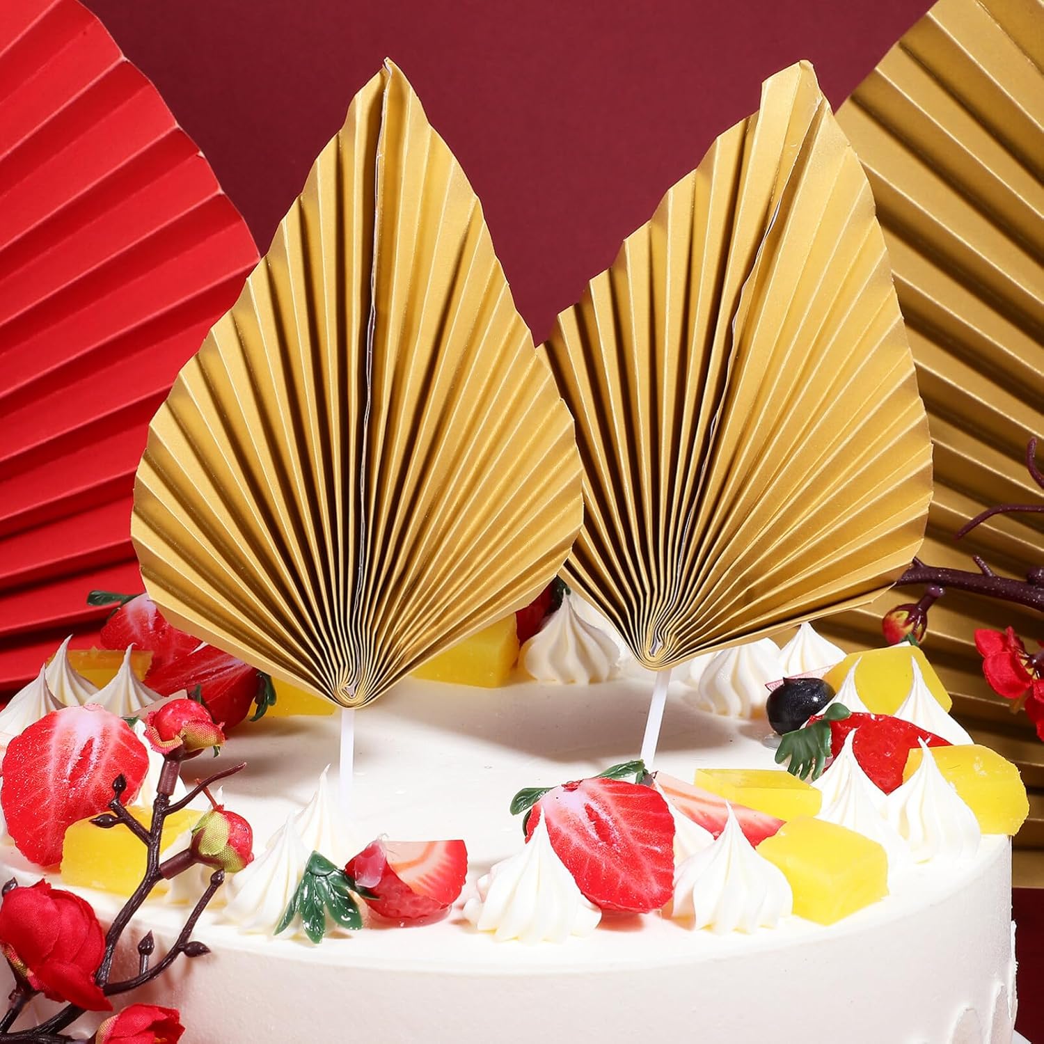 ABOOFAN 24 piezas de hojas de palma doradas plegables para tartas, abanicos de papel para cupcakes, decoración para cumpleaños, boda, aniversario,