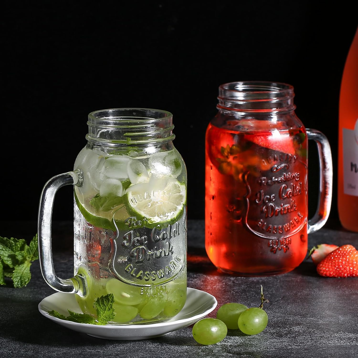cosnou Vasos de 24 onzas para bebidas de fiesta, materiales y frascos con mango cómodo, fácil de limpiar en el lavavajillas, paquete de 4
