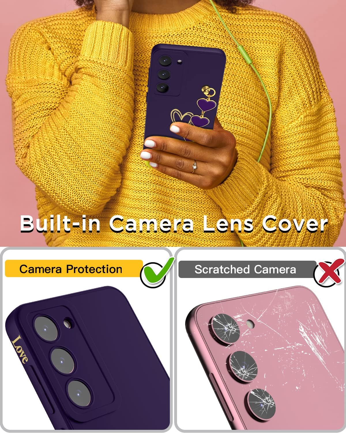 AICase Funda para Galaxy S23 Heart para mujer, protección de lente de cámara, bucle para tira de mano, bonita funda suave y delgada a prueba de