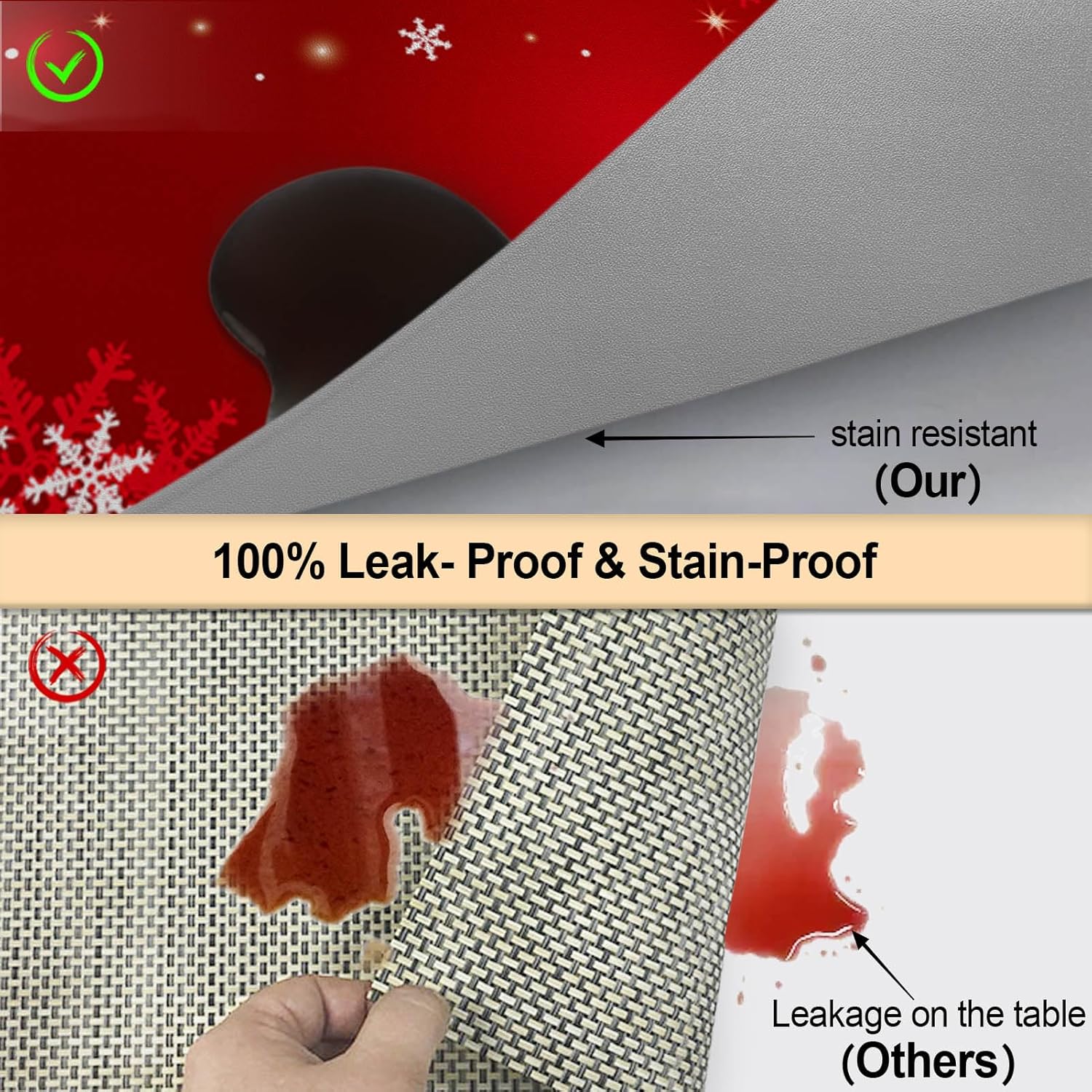 LNOND Juego de 4 manteles individuales y posavasos rojos, tapetes de mesa de cocina con copos de nieve navideños, resistentes al calor en invierno,