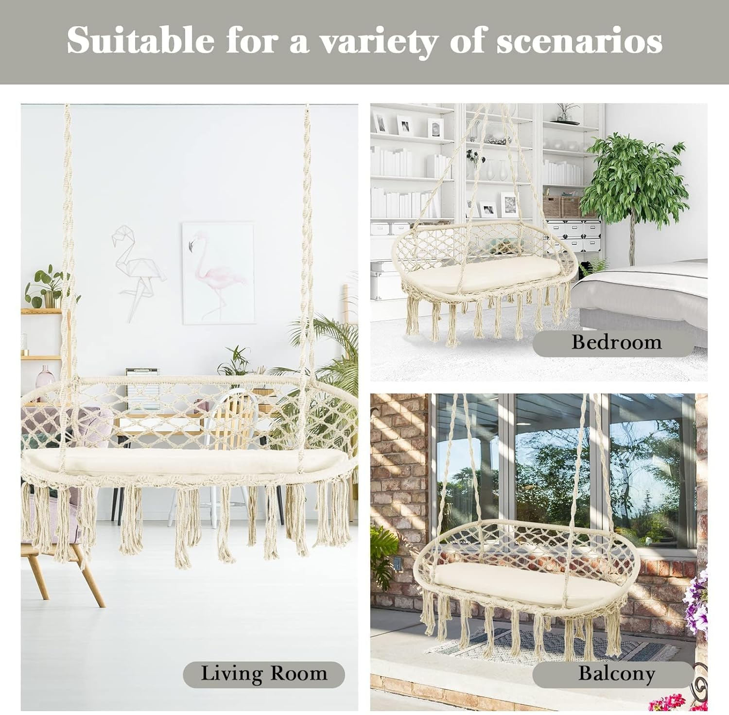 HAPPYGRILL Hamaca colgante para 2 personas con cojín, silla columpio colgante, estilo platillo, silla columpio de macramé, silla columpio de
