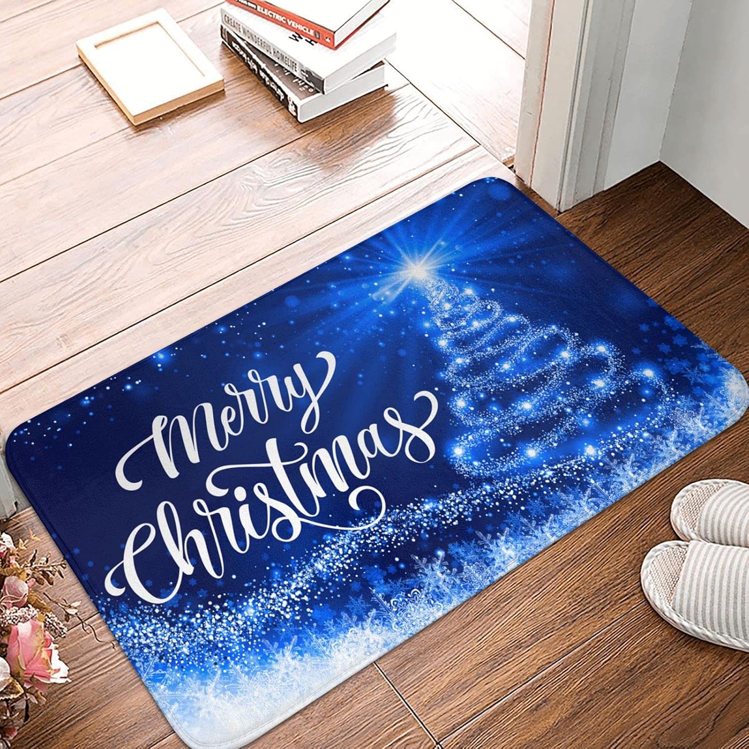 DADABULIU Tapete de baño con texto en inglés “Merry Christmas”, tapete de ducha de árbol de nieve azul, tapete de espuma viscoelástica,