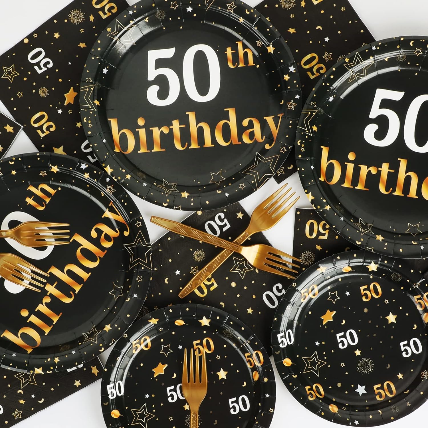 gisgfim 96 piezas de suministros para fiesta de cumpleaños número 50, platos de papel, servilletas doradas, tema de feliz cincuenta, decoraciones de