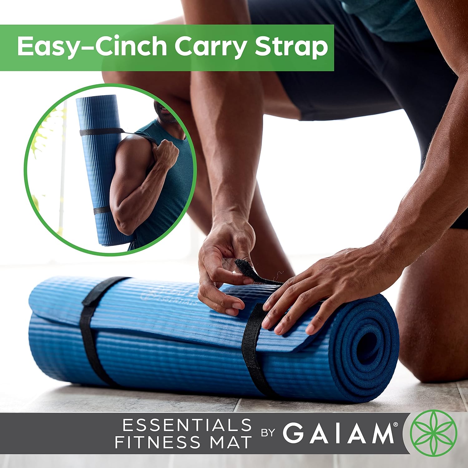 Gaiam Essentials Tapete de yoga grueso para acondicionamiento físico y ejercicio, con correa de transporte fácil de ajustar, 72 pulgadas de largo x