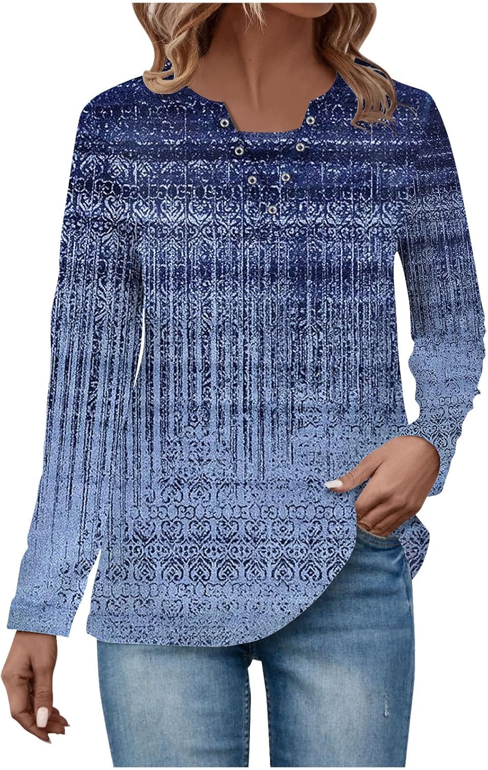 Camisetas para mujer, diseño étnico, floral, bohemio, manga larga, cuello Henley, cuello en V, con botones