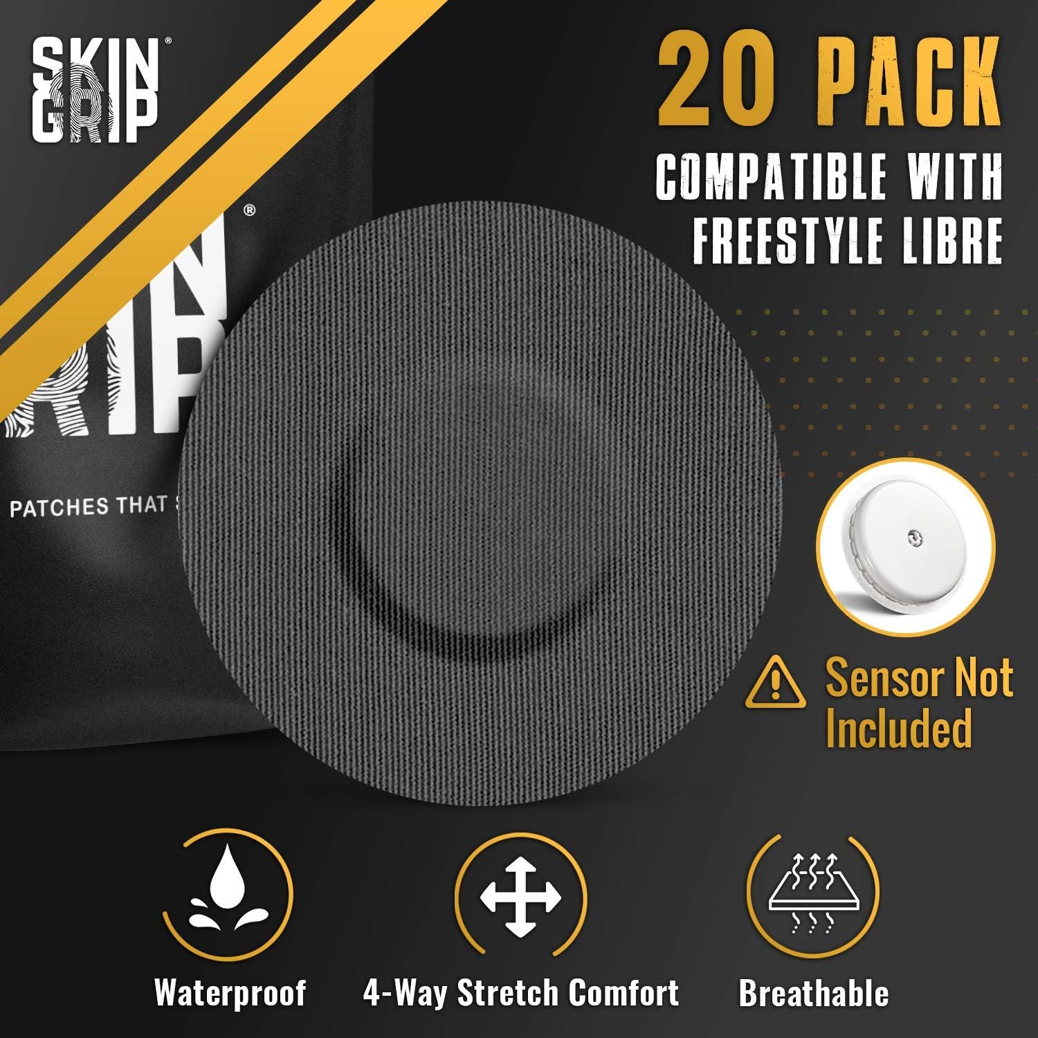 Skin Grip Adhesive Patches for Freestyle Libre 2  Waterproof & Sweatproof for 10-14 Days, Pre-Cut Adhesive Tape, Continuous Glucose Monitor Sensor