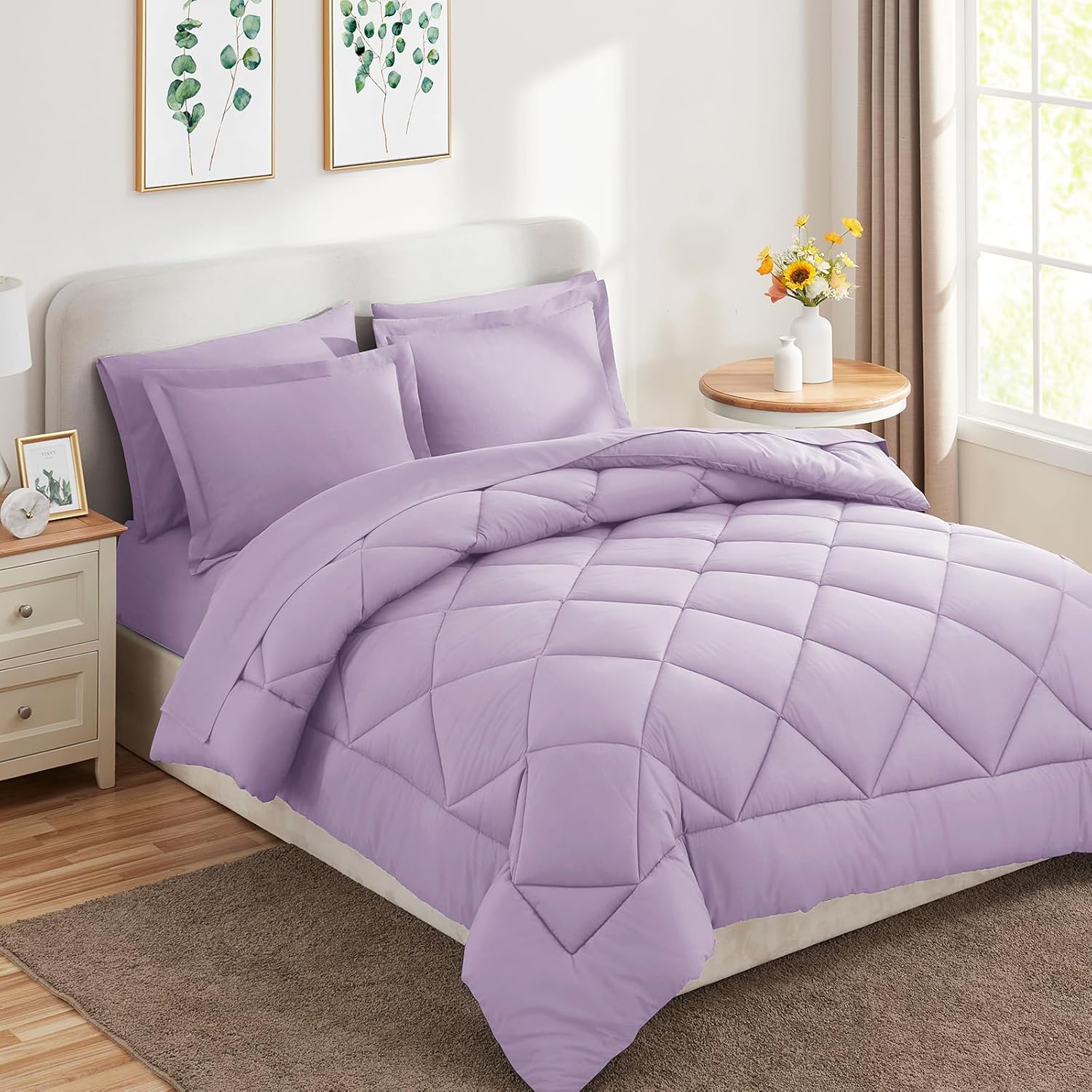 CozyLux Juego de edredón King con sábanas de 7 piezas, ropa de cama en una bolsa, color morado claro para todas las estaciones, juegos de ropa de