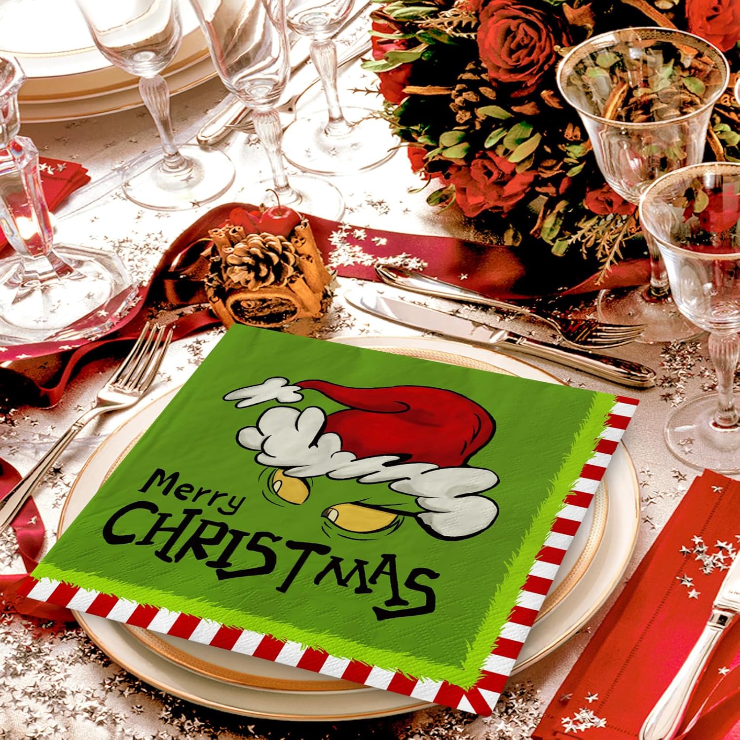 AnyDesign Paquete de 80 servilletas de papel de Feliz Navidad, divertidos personajes de dibujos animados, servilletas de almuerzo desechables verde
