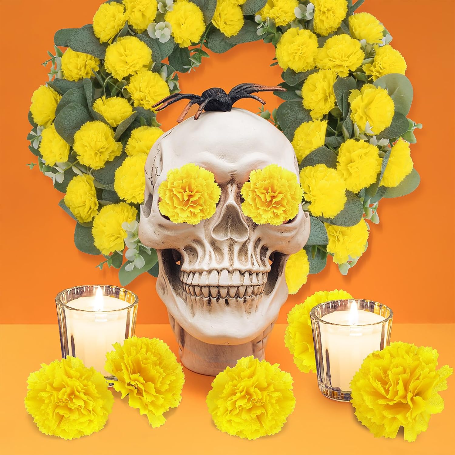 30 flores artificiales de caléndula de 2 pulgadas, cabezas de flores de caléndula de seda con tallos, flores amarillas artificiales, cabezas de