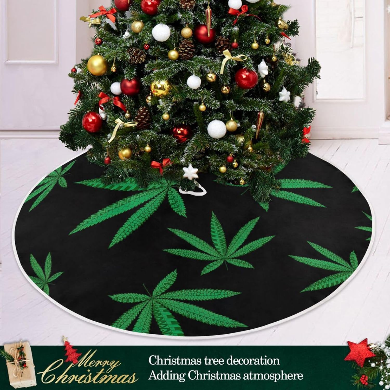 Falda de árbol de marihuana de cáñamo estilo zentangle, decoración de suelo de árbol de Navidad, falda de árbol de árbol lavable, falda de árbol