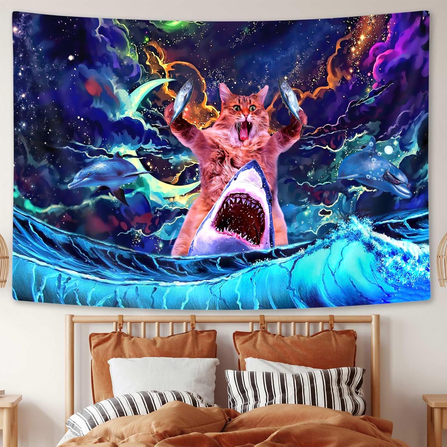 SAOLUIS Tapiz de gato con luz negra, divertido tapiz de gato para dormitorio de niños, lindo gato con pez, tapiz de pared reactivo a los rayos UV