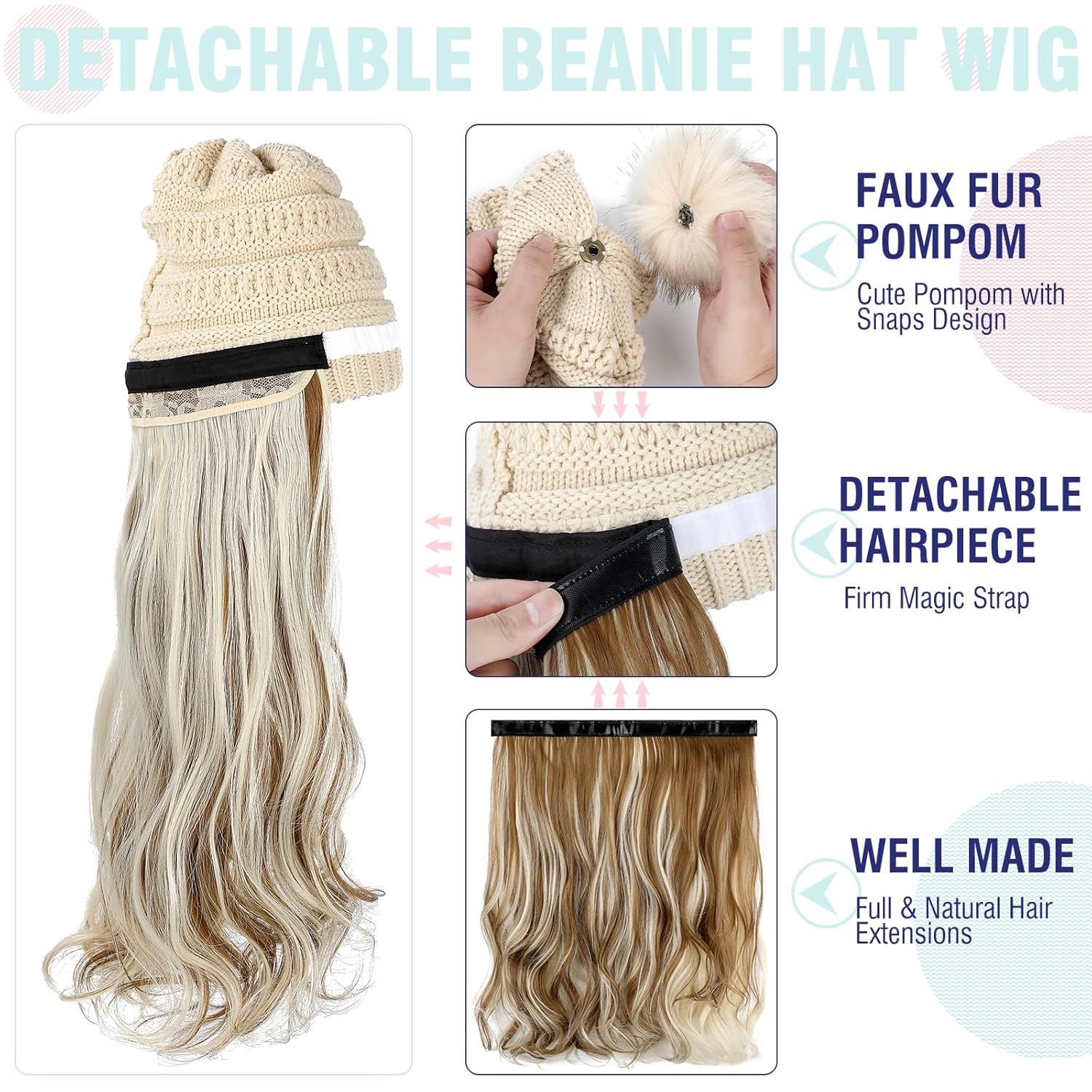 Gorro con peluca, gorro con cabello, extensiones largas onduladas, gorro de punto con pompones, 20 pulgadas, sintético, extraíble, para mujer,